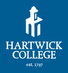 Logo of Hartwick College, featuring the institution's shield with a blue and white color scheme, accompanied by the college's name in bold lettering.