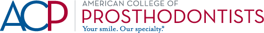 Logo of the American College of Prosthodontics, featuring the organization's initials 'ACP' in bold alongside a graphic symbol representing dental restoration and care.