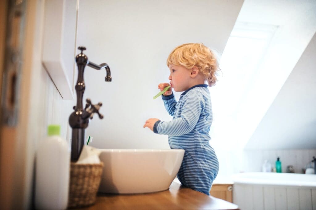 Image showing a dental professional from Waban Dental Group, Newton, MA, demonstrating proper tooth-brushing techniques for kids.