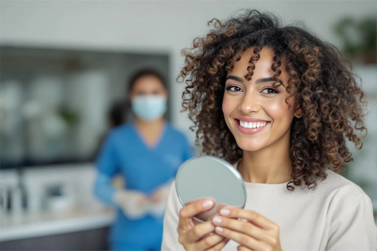 Woman smiling while holding small mirror in treatment room.